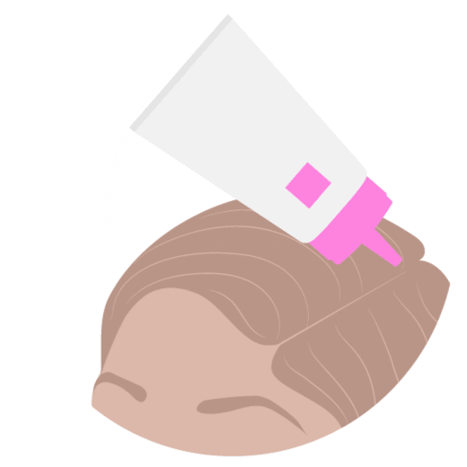 illustration animée de l’application du gommage directement sur le cuir chevelu en séparant les cheveux