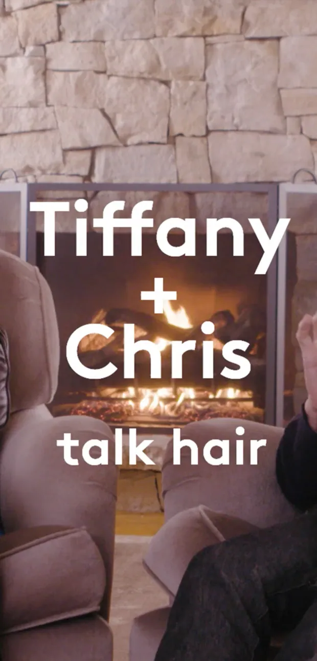 video of Drunk Elephant founder Tiffany Masterson talking to celebrity hairstylist Chris McMillan in front of a cosy fireplace