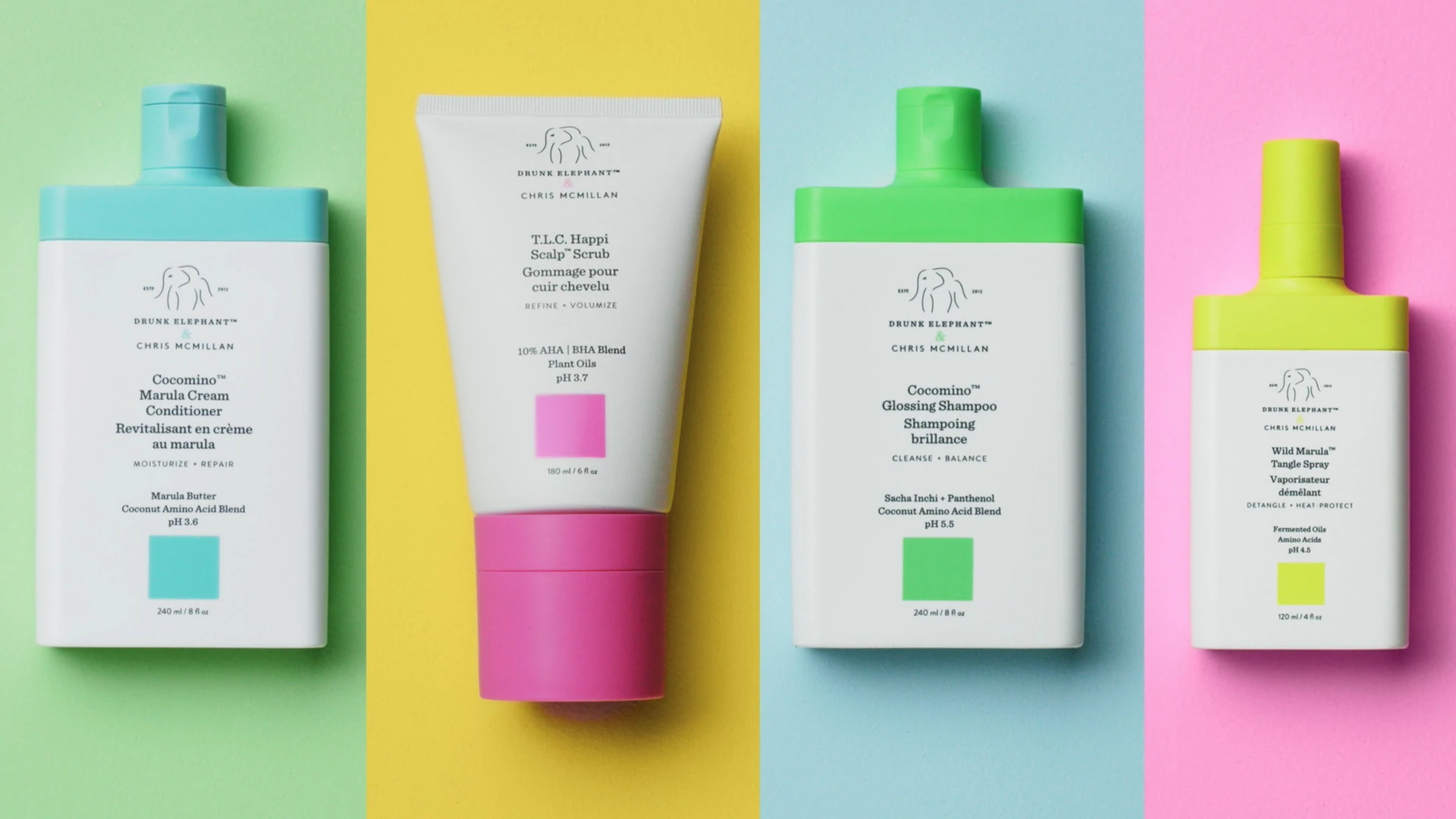 image showing conditioner, scalp scrub, shampoo and marula tangle spray products on a colourful background