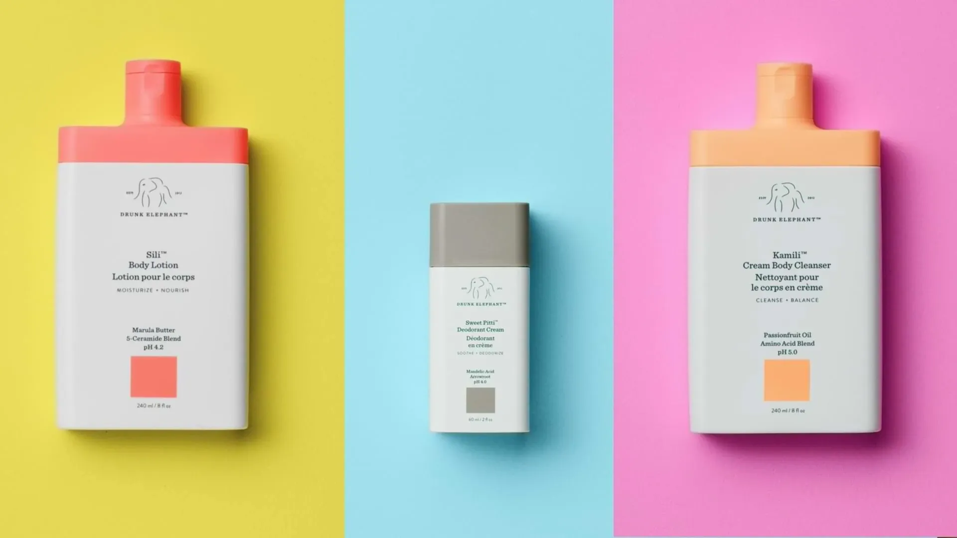 vidéo présentant la gamme de produits pour le corps de Drunk Elephant