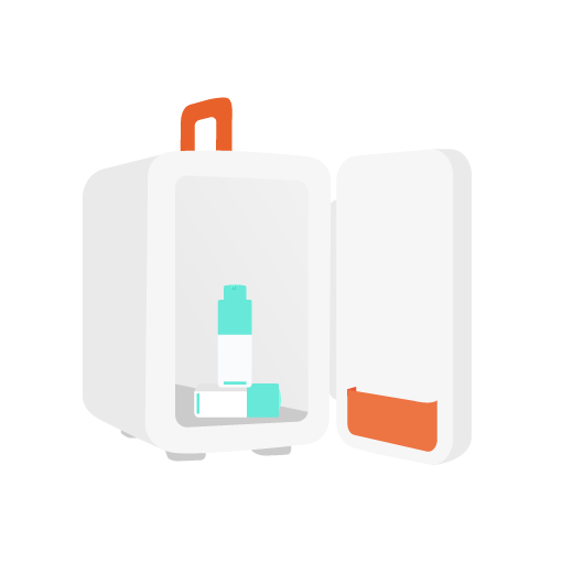 Illustration d’un réfrigérateur à maquillage ouvert avec deux flacons de Shaba à l’intérieur